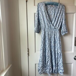 ESQUALO Light Blue Patterned Quartet Sleeve Midi Dress